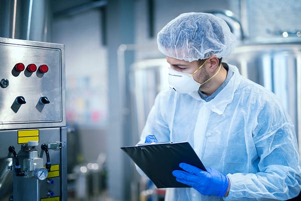technologist-expert-in-protective-uniform-with-hairnet-and-mask-taking-parameters-from-industrial-machine-in-food-production-plant